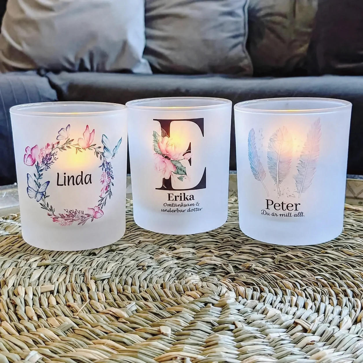 personlig ljushållare, ljus med text, ljus present, ljushållare som present, personlig ljus, ljus med egen foto och bild, foto ljushållare, ljushållare med text, frostade ljushållare,