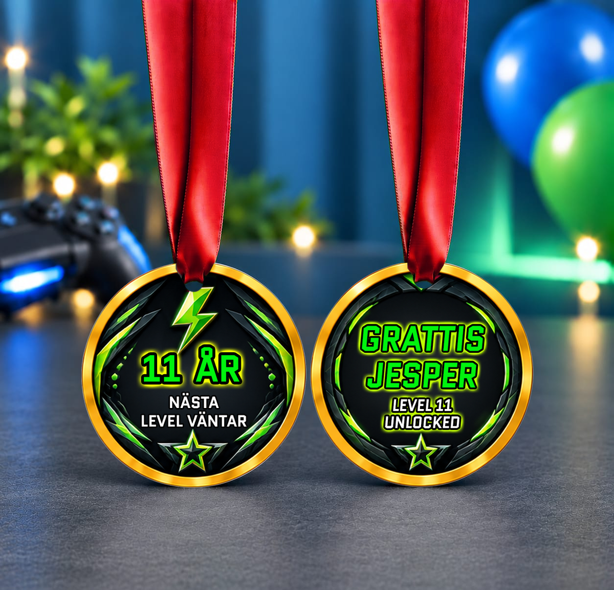 Gamer medalj med namn och egen text till födelsedag och kalas