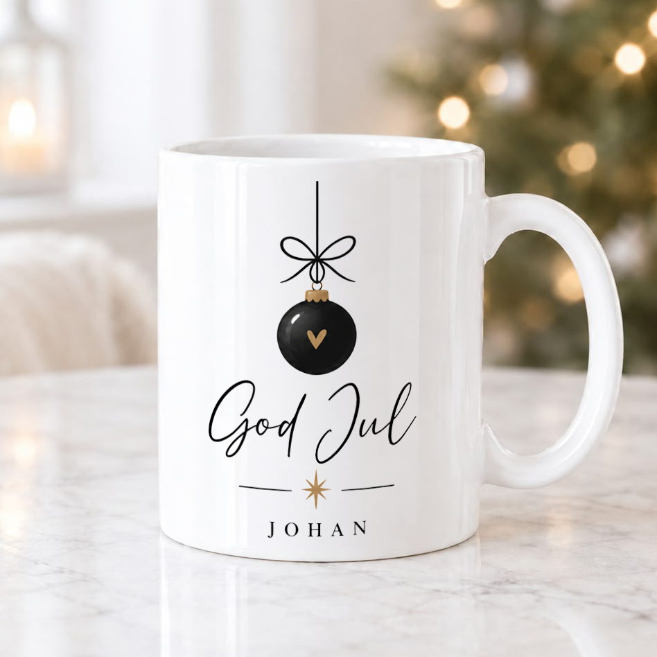 Personlig julmugg med namn eller egen text, julklapp till kaffe och te
