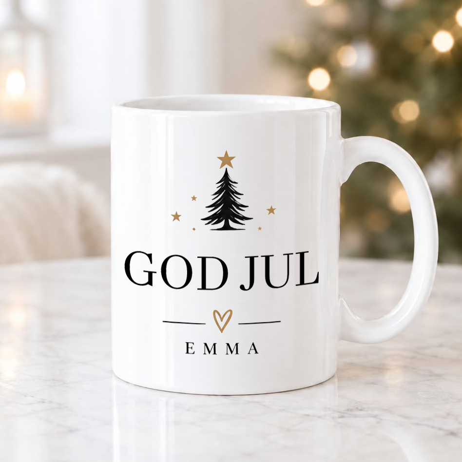 Personlig julmugg med namn eller egen text, julklapp