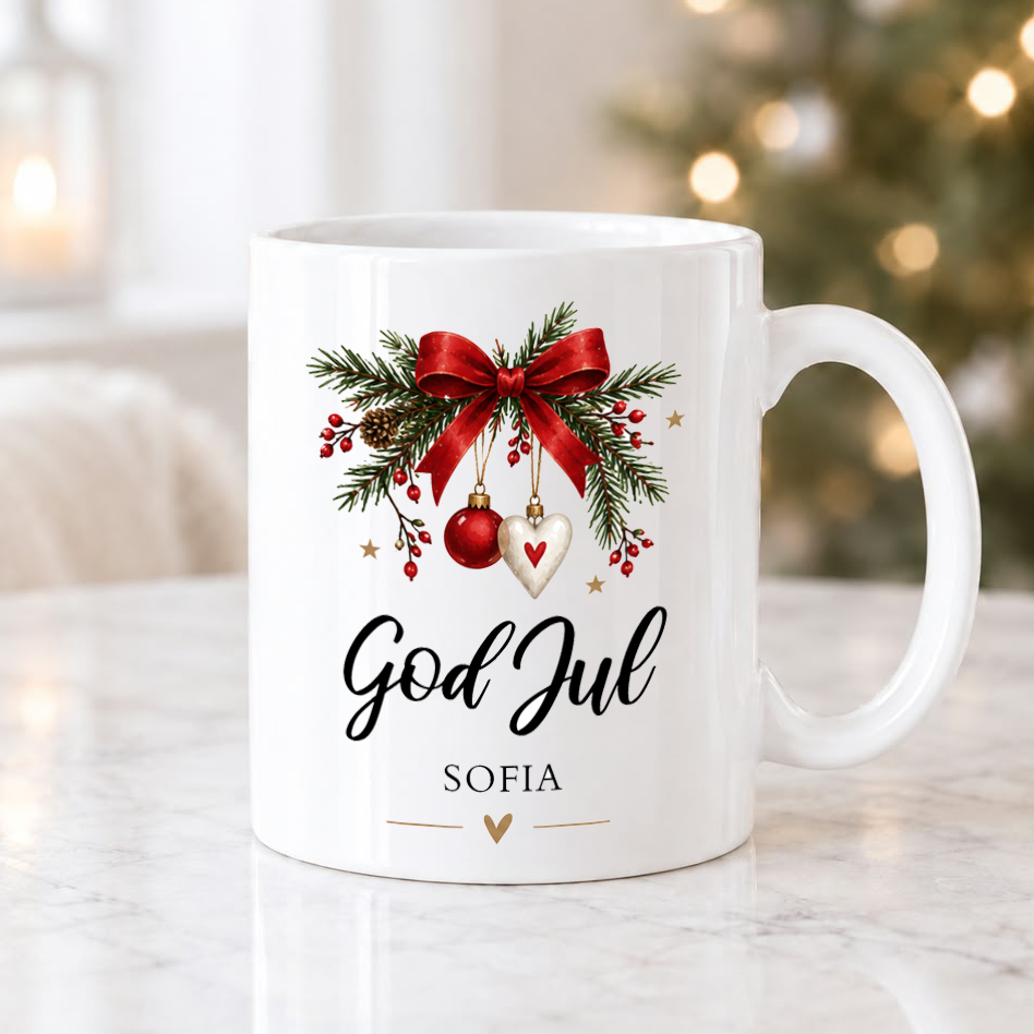 Personlig julmugg med namn eller egen text, kaffemugg till jul