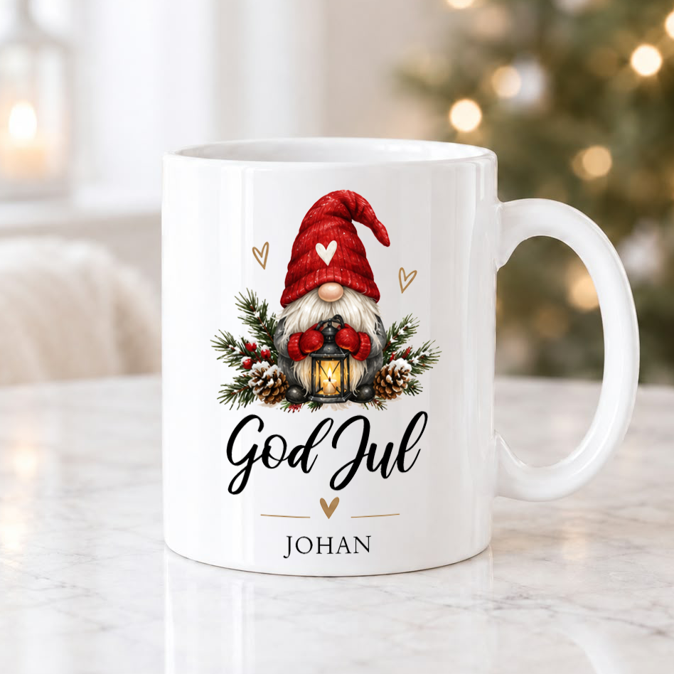 Personlig julmugg med namn eller egen text, kaffemugg till jul