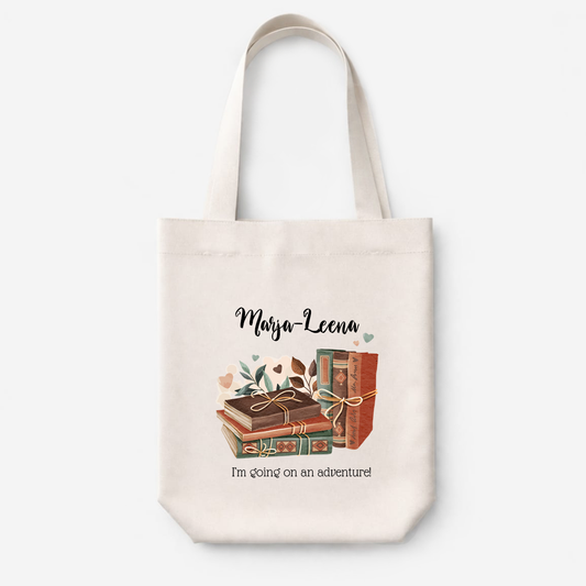 personlig tygkasse med bokmotiv – present till lärare