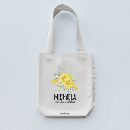 Tygkasse med solrosmotiv och namn eller valfri text – personlig och hållbar accessoar