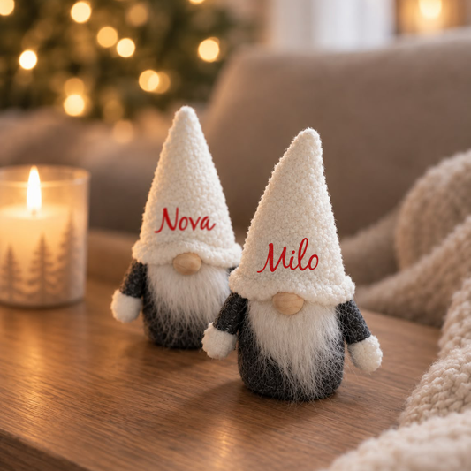 Vit minitomte med eget namn, personlig tomte som juldekoration